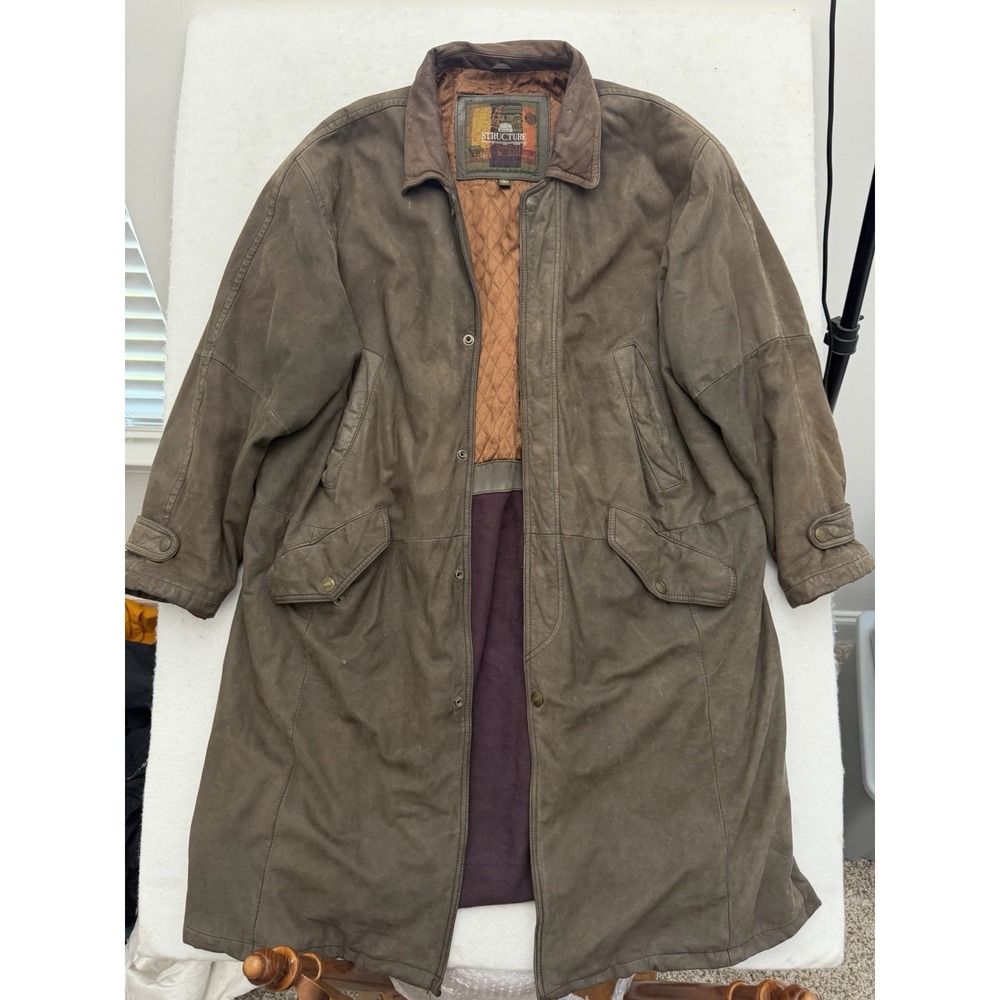 Vintage Structure Leather Chore Coat Barn Mens L Green Brown Suede Quilted 90s